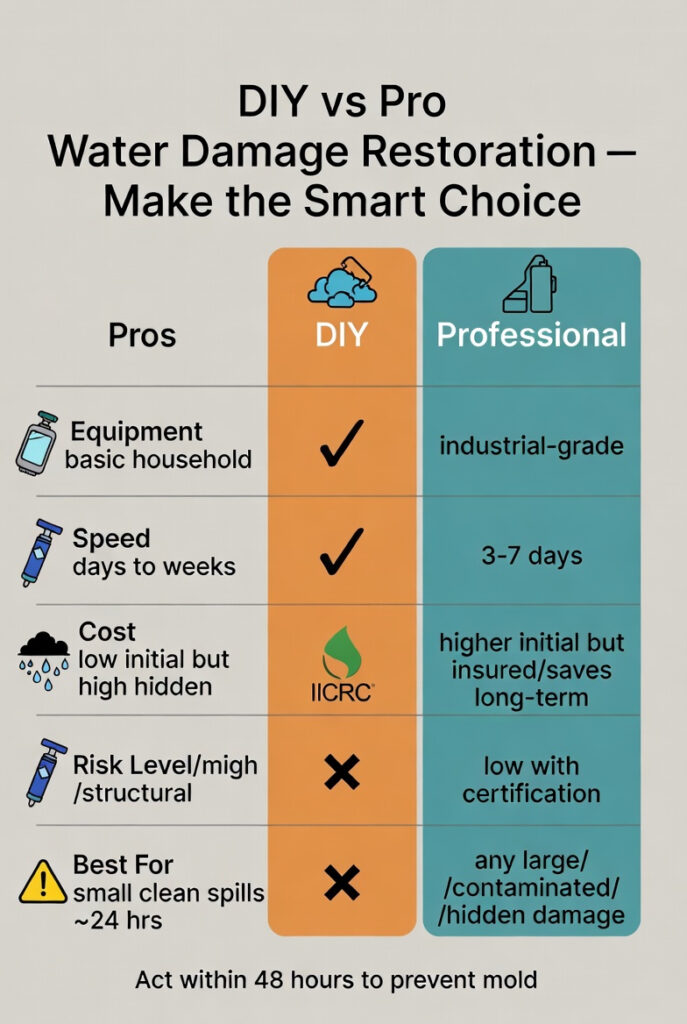 DIY vs Professional Water Damage Restoration: What You Need to Know 1 comparison table DIY vs Professional Water Damage Restoration